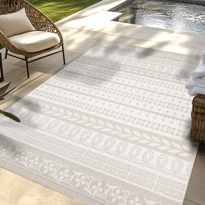 Gertmenian Solterra Bohemian Moroccan Global Weather Resistant Polypropylene Flatweave Indoor/ Outdoor Area Rug Collection - 7'10"x10' - Ziri Cream