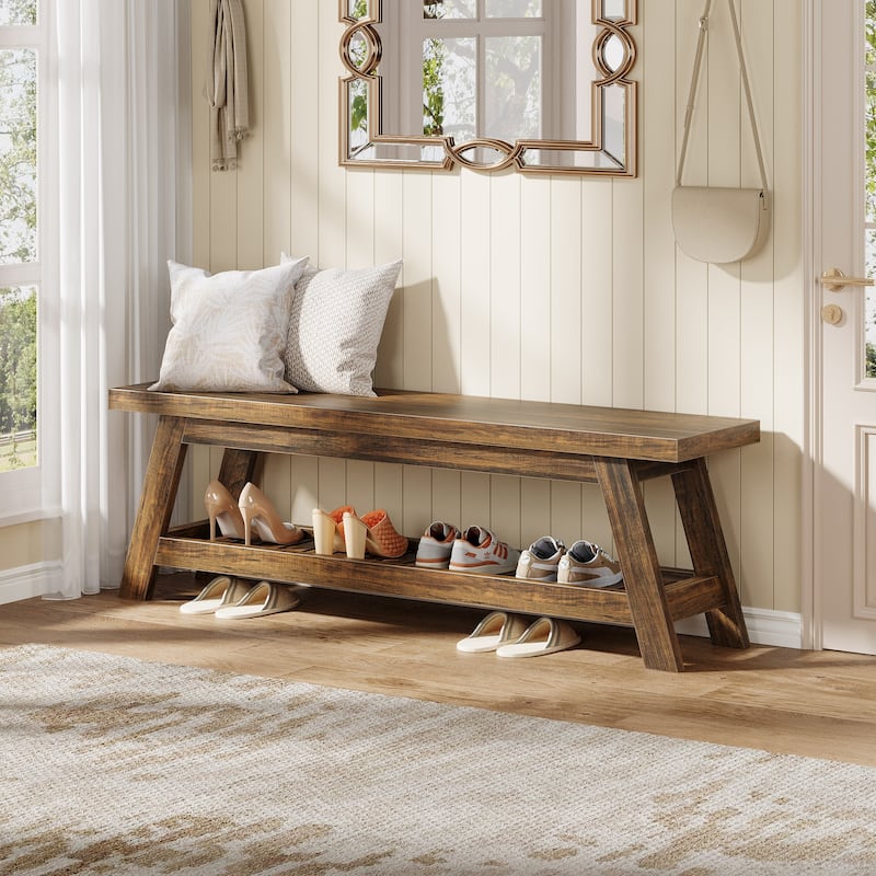 55" Entryway Bench with Shoe Storage, Large 2-Tier Foyer Bench