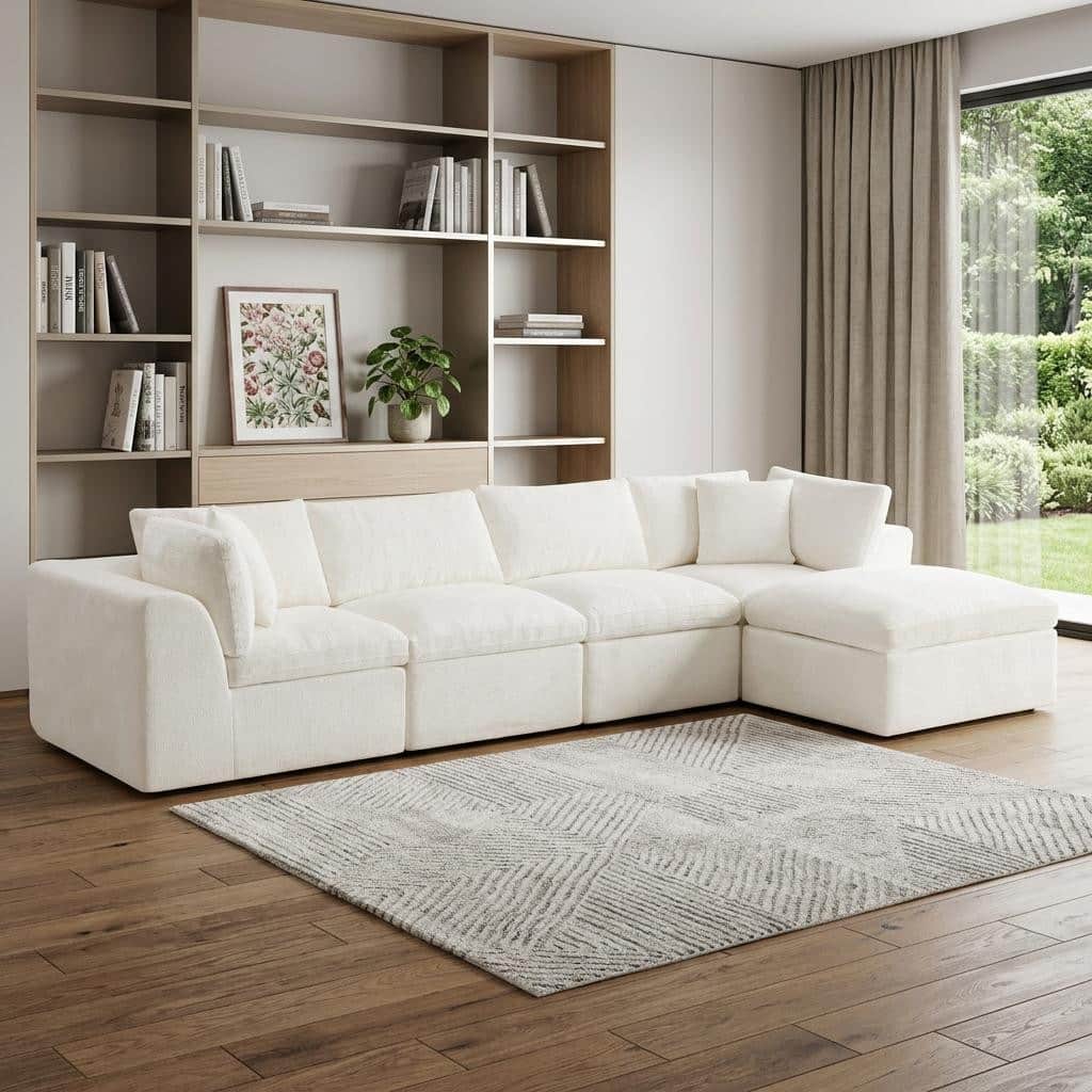 HomeRoots 138" Beige Chenille Modular Sofa With Ottoman And Toss Pillows