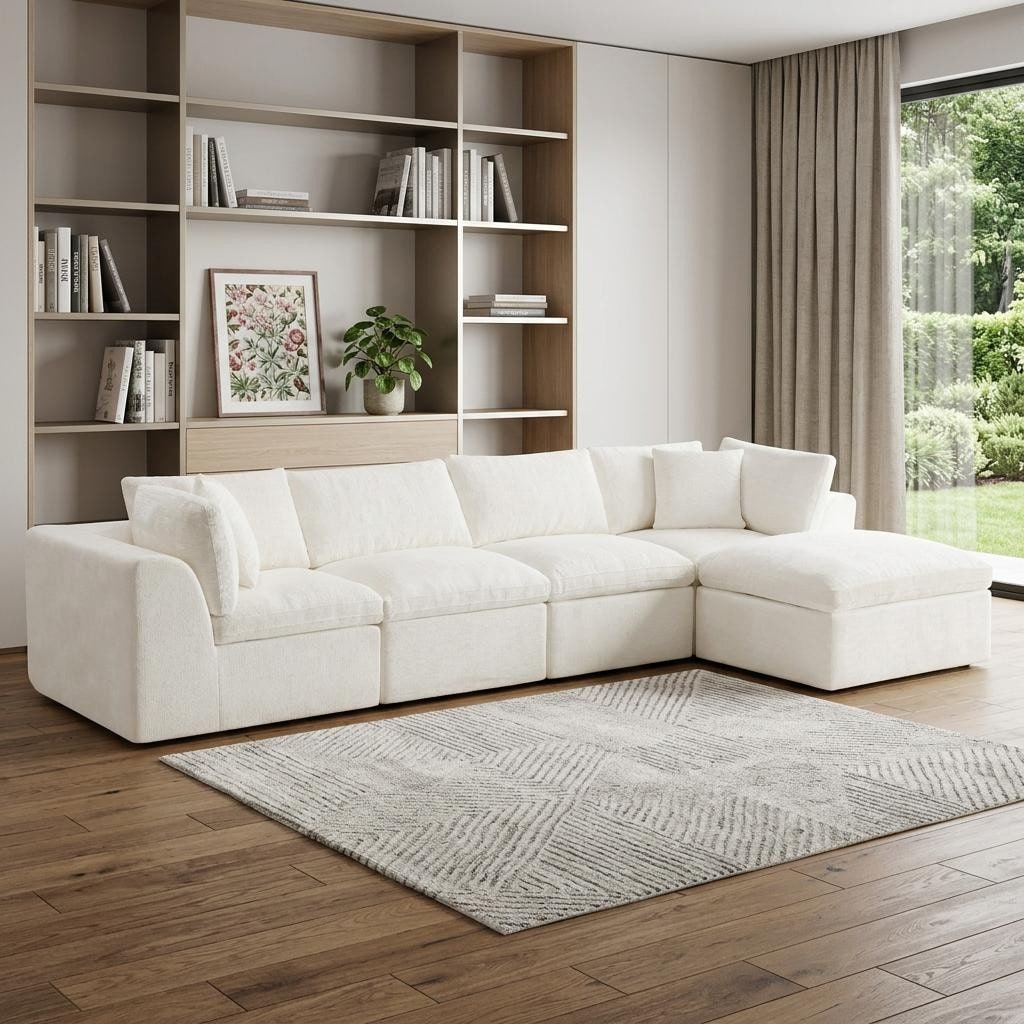 HomeRoots 138" Beige Chenille Modular Sofa With Ottoman And Toss Pillows