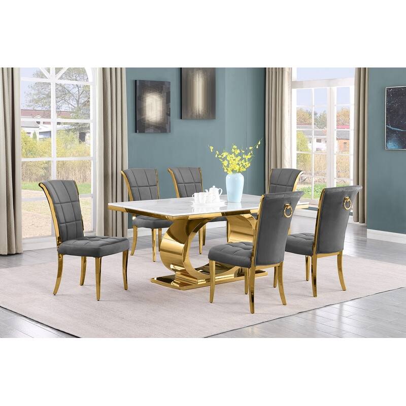 Best Quality Furniture D430/1-SC320-7 Dining Set with 68" White Marble Top - 7-Piece - Dark Grey / Gold