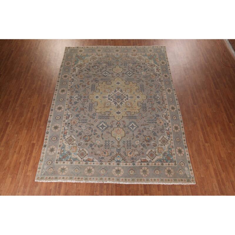 Geometric Gray Tabriz Persian Vintage Area Rug Handmade Wool Carpet - 9'11"x 13'4"