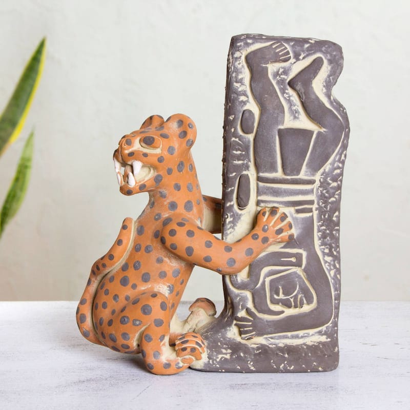 Ceramic sculpture, 'Olmeca Jaguar with Human'