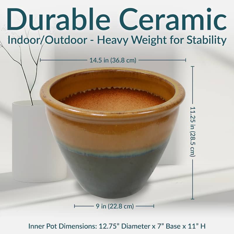 Sunnydaze Chalet High-Fired Glazed Ceramic Planter - 15-Inch - Forest Lake Green