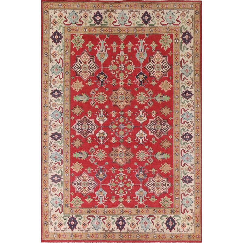 Hand Knotted Oriental 100% Wool Carpet Traditional All-Over Red Kazak Area Rug - 9' 6'' X 6' 8''