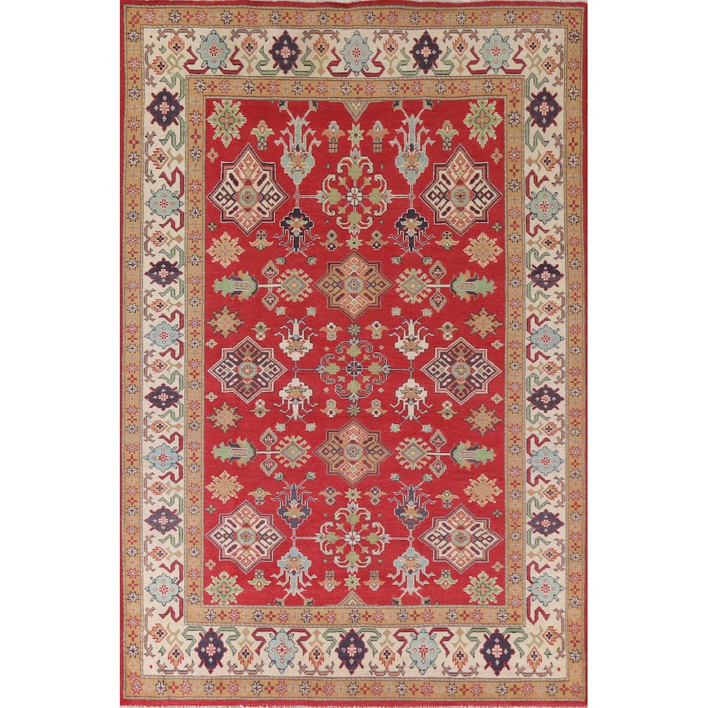 Hand Knotted Oriental 100% Wool Carpet Traditional All-Over Red Kazak Area Rug - 9' 6'' X 6' 8''