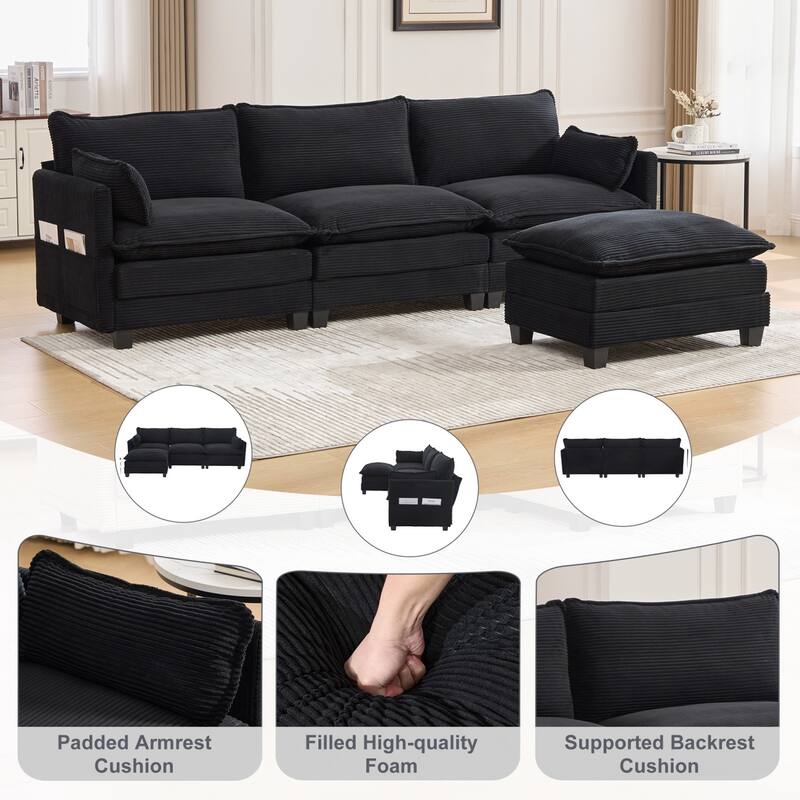 102.95" L-Shaped Corduroy Sectional Sofa with Movable Ottoman