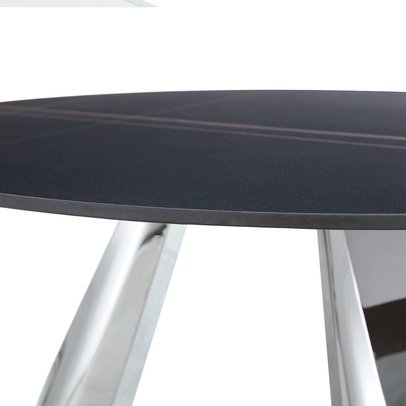 Sintered Stone Dining Table and Chair Set Mirror-polished Stainless Steel Base 4 White PU Chairs Round Dining Table
