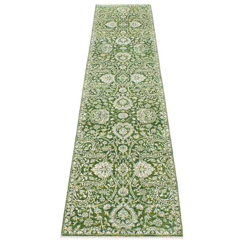 ECARPETGALLERY Hand-knotted Heritage Green Silk, Wool Rug - 2' 6" x 12' 1"
