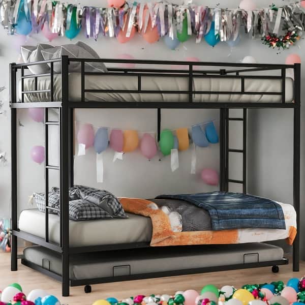 slide 2 of 45, Modern Twin Over Twin Bunk Bed With Trundle,Two Ladders,Durable Metal Frame, Black