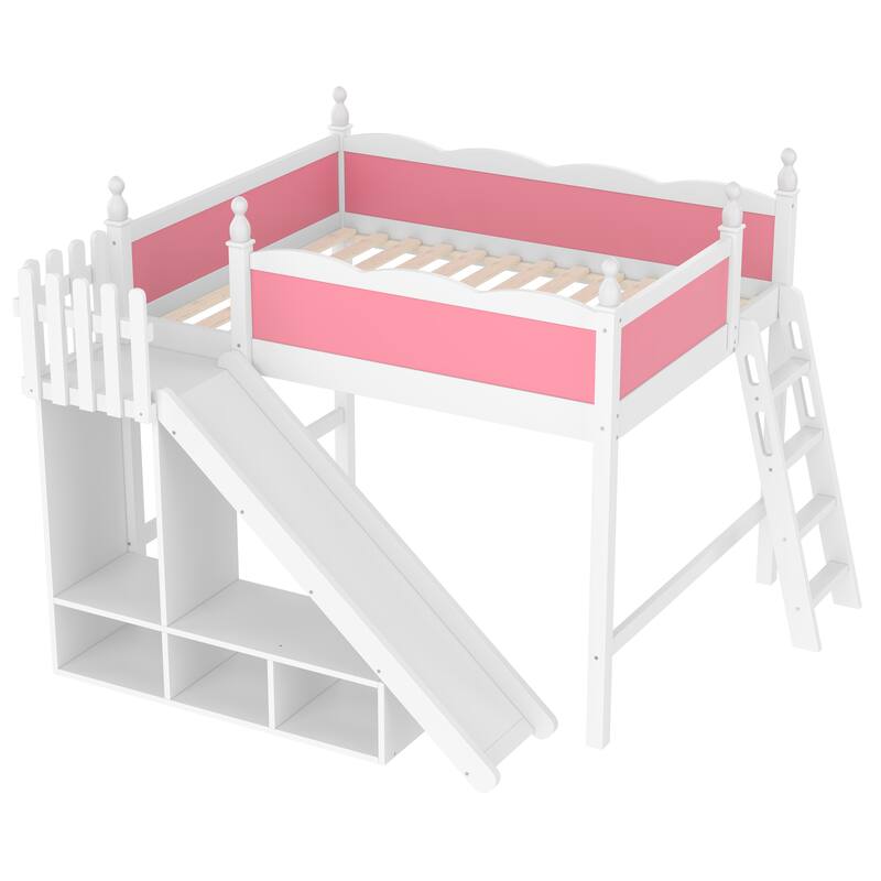 Full Loft Bed with Storage Shelves and Cabinet, Solid Wood Loft Beds with Detachable Slide and Ladders, No Spring Box Needed