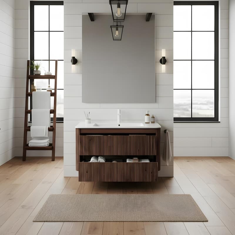 Floating Stripe Bathroom Vanity with Ceramic Sink