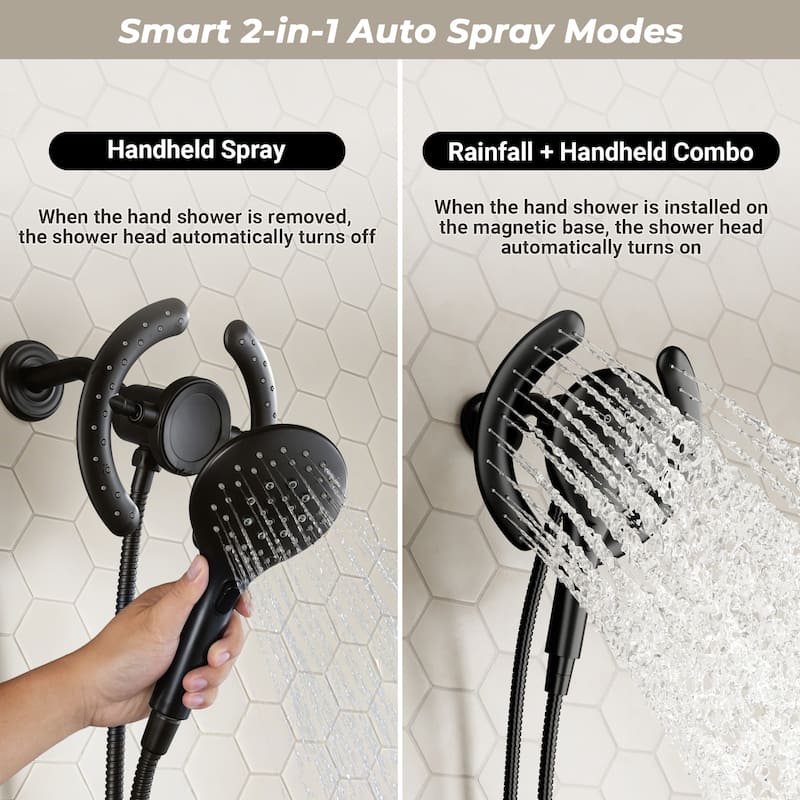 Magnetic 2-in-1 Rainfall Shower System - 4-Spray 7.5 in. Wall Mount Dual Fixed and Handheld Shower Head in Matte Black