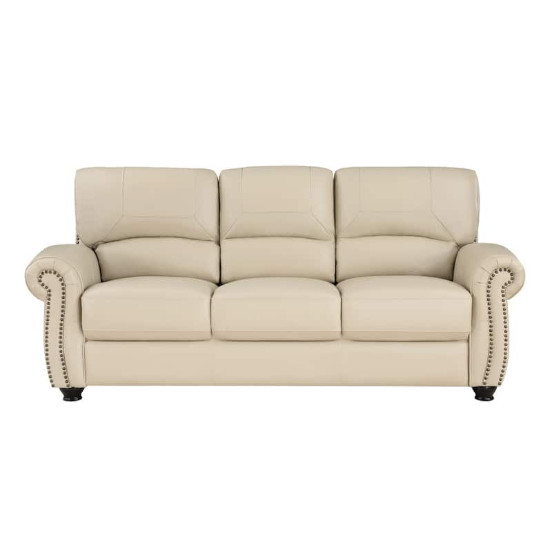 Kia 84 Inch Sofa, Cream Top Grain and Faux Leather, Brown Solid Wood