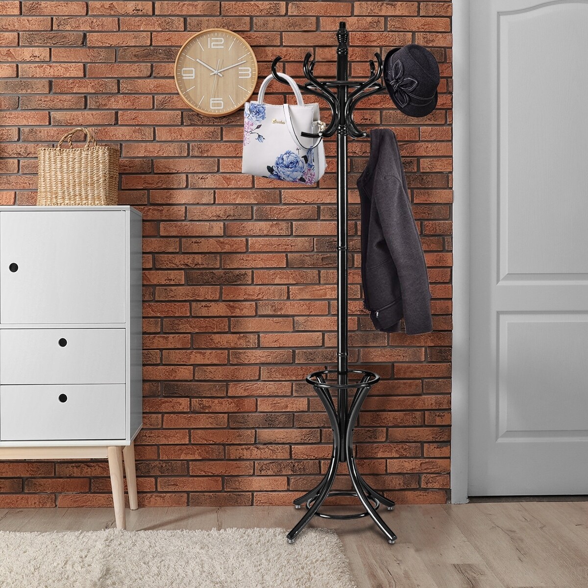 Shop Wood Standing Hat Coat Rack W Umbrella Stand Black