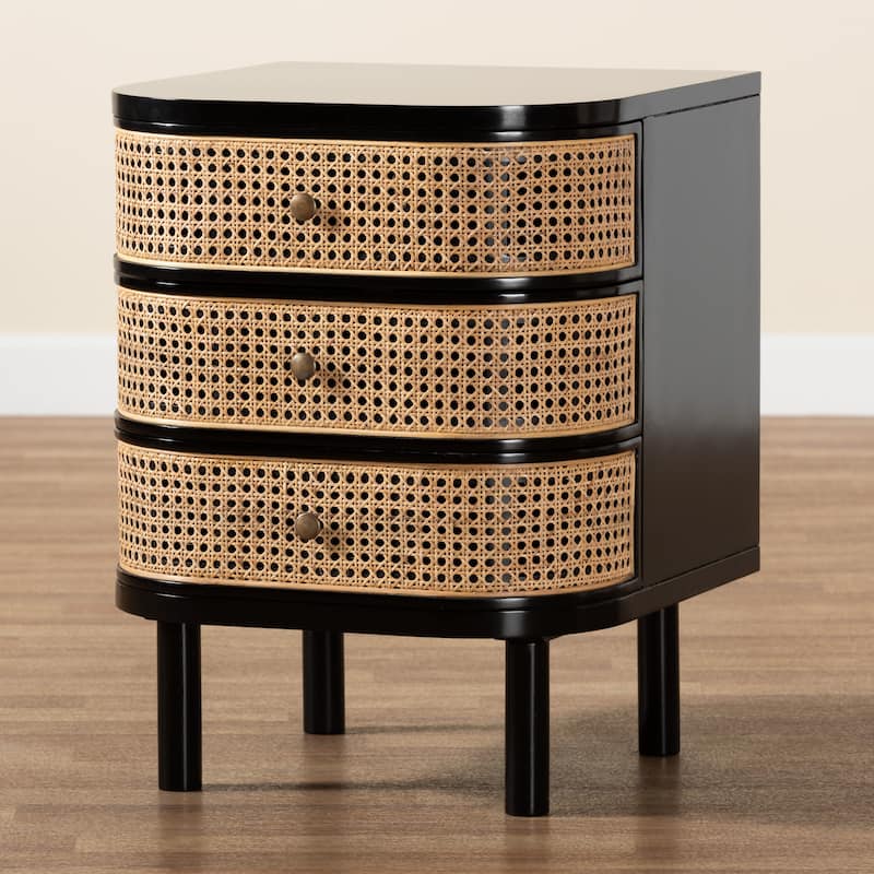 Nabila Modern Bohemian Black Bayur Wood and Natural Rattan 3-Drawer End Table Nightstand