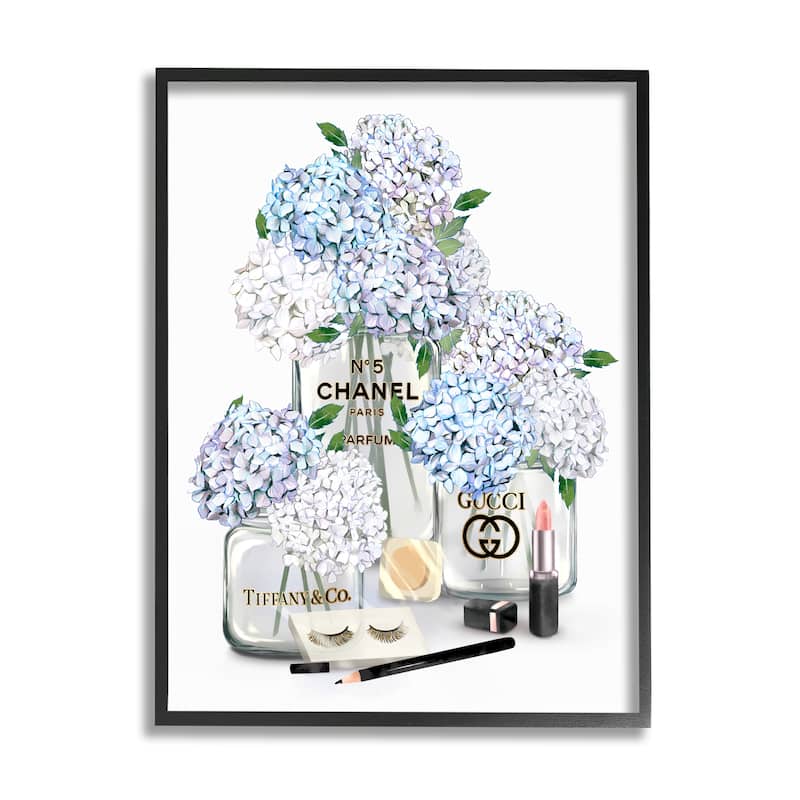 Stupell Glam White Blue Hydrangeas Designer Perfume Bottles Lipstick Illustration Framed Wall Art