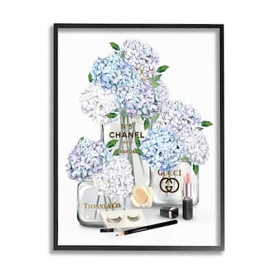 Stupell Glam White Blue Hydrangeas Designer Perfume Bottles Lipstick Illustration Framed Wall Art