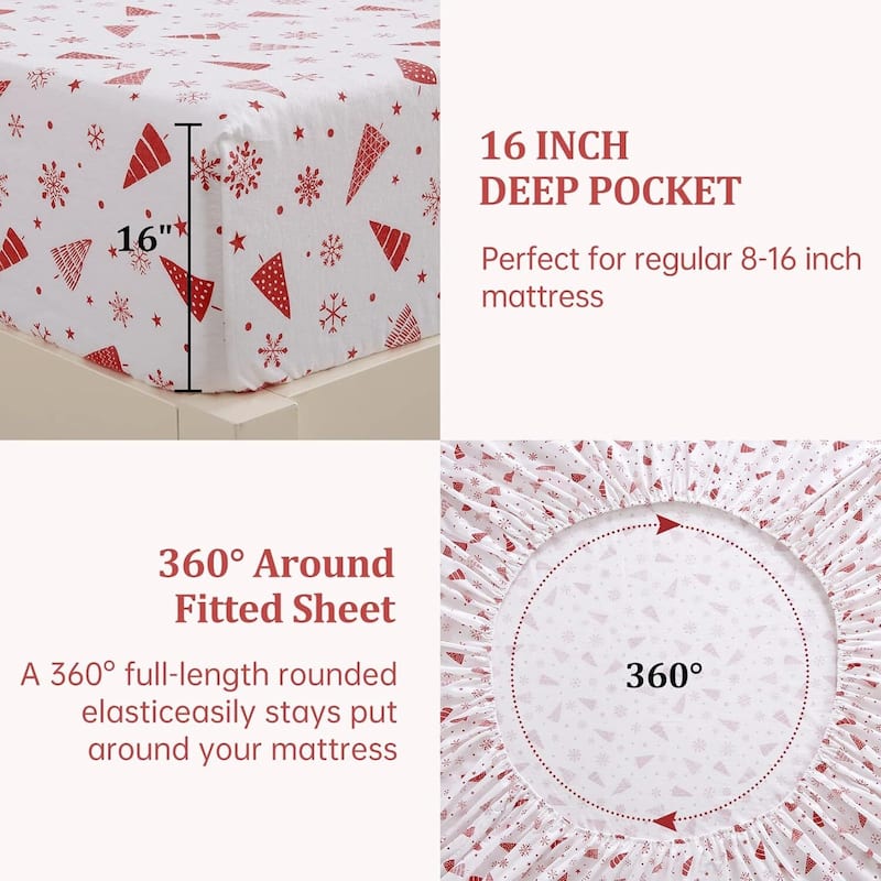 Christmas Red Snowflake Tree Bed Sheets Set with 16 Inches Deep Pocket