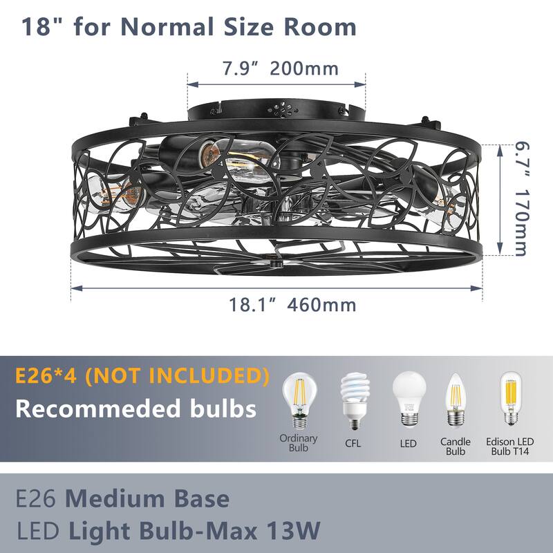 18-inch Black Vintage Caged Ceiling Fan Light - Quiet Operation, Remote Control, Industrial Style(Bulb Not Included)
