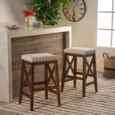 Nailhead Trim Bar Stool, X-Wooden Bar Chair Set, Fabric Upholstered Dining Chair, Backless Island Dining Chair (2-Pcs Set)