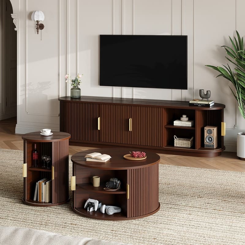 Mid Century Modern 74.8" TV Stand & Coffee Table Set for TVs up to 75", Wooden Media Console with Fluted Sliding Doors