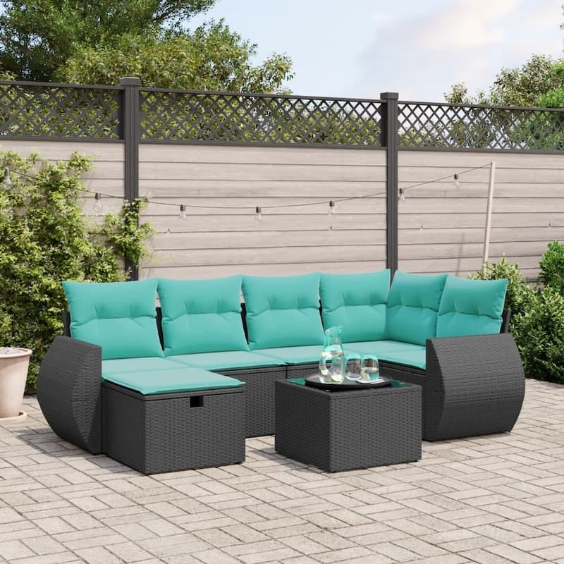 vidaXL Patio Sofa Set with Cushions Outdoor Conversation Furniture Poly Rattan - Black without storage - 24.4" x 24.4" x 27.2"