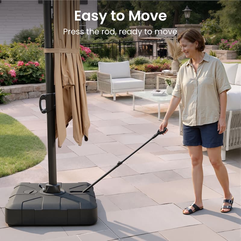 Heavy Duty 350 LBS Water Sand Fillable Patio Cantilever Offset Umbrella Base Stand with Wheels and Drag Rod