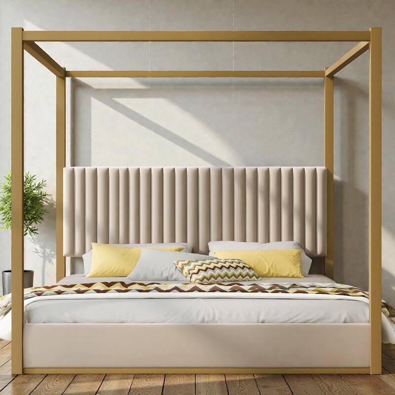 Upholstered Canopy Platform Bed with Headboard, Metal Frame Queen King Bed, No Box Spring Needed
