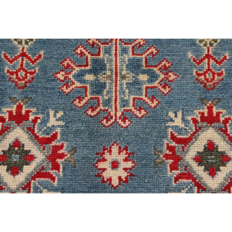 Blue Geometric Kazak Foyer Rug Hand-Knotted Oriental Wool Carpet - 3'4" x 4'11"
