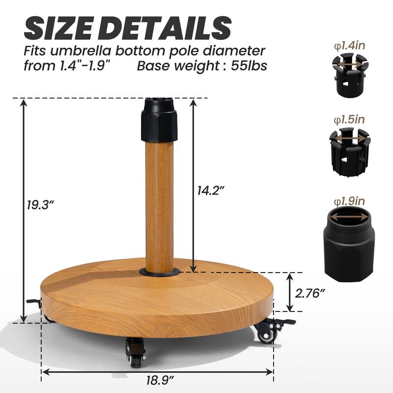 55-lb Patio Market Umbrella Base Stand Cement/Concrete Weights Base Holder w/Wheels - Dia. 18.9" x 18.1" high
