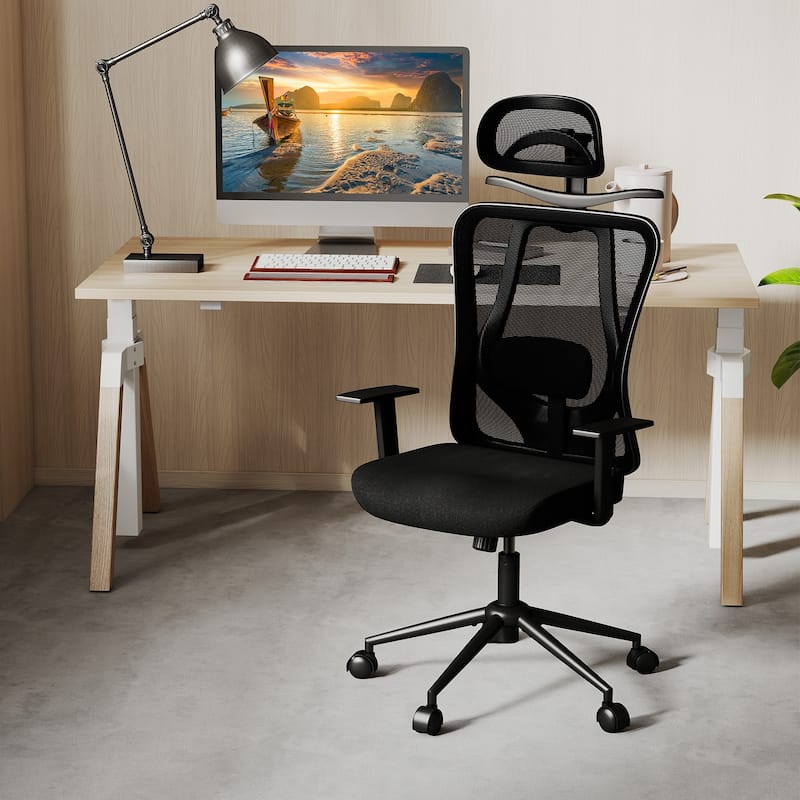 Ergonomic Mesh Office Chair with Adjustable Headrest Lumbar Support and Reclining Back Black Swivel Computer Desk Chair