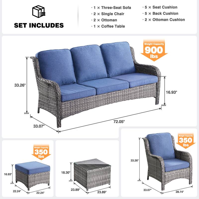 OVIOS 6-piece Patio Conversation Wicker Set with Glass Top Table