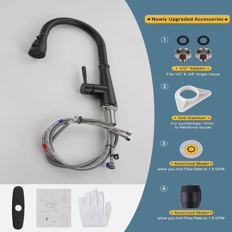 WOWOW Single Handle 3-Mode Pull Out Sprayer Kitchen Faucet