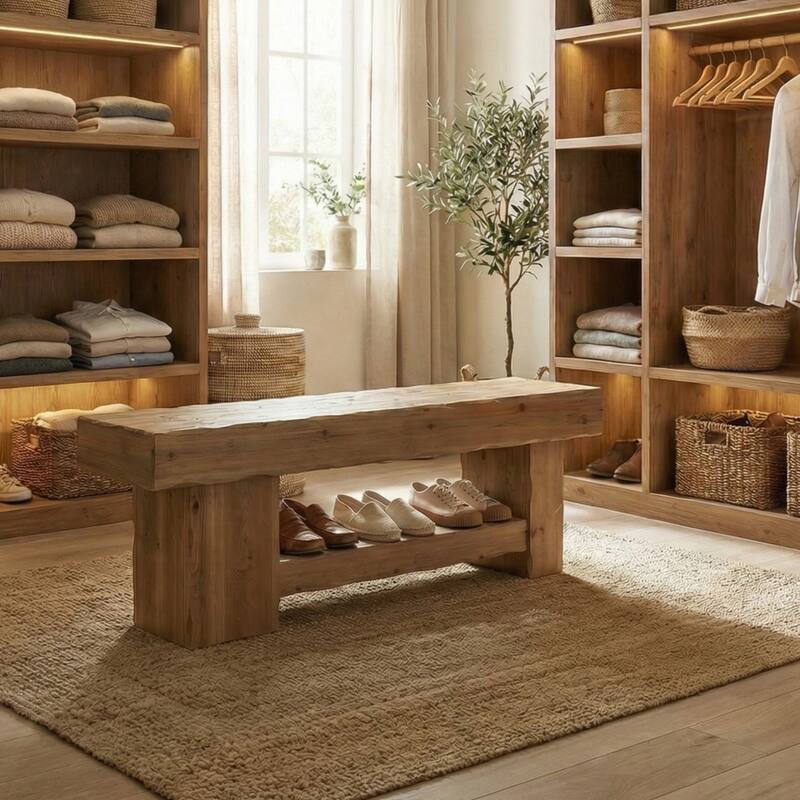 2 Tier Solid Wood Bench for Entryway, Bedroom, Kitchen, Dining Room, Living Room, Farmhouse Style, 63 Inch