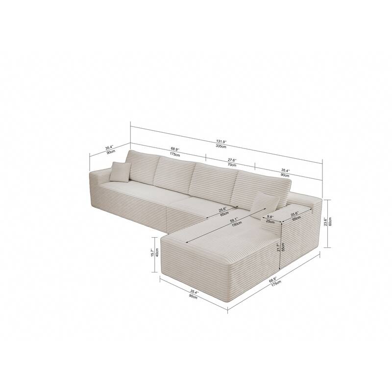 Roomfitters 131.9" Modular Sectional Sofa, 4-Piece Compressed Cloud Couch, No Assembly Required, Plush Corduroy, White