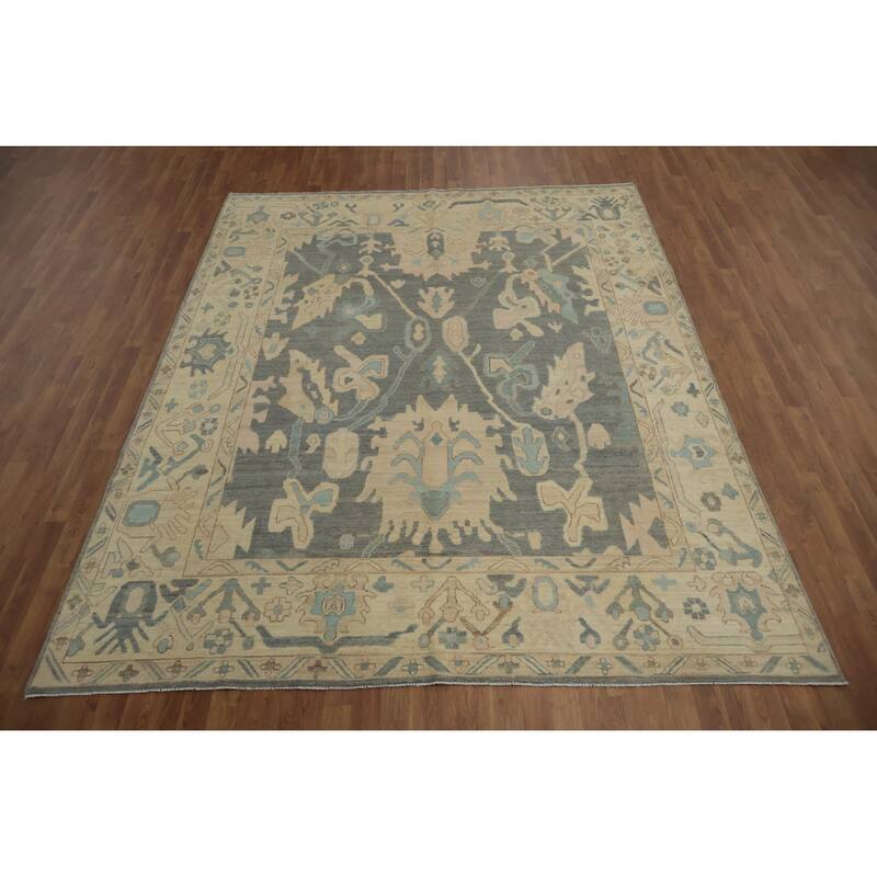 Hand Knotted Oriental 100% Wool Carpet Transitional All-Over Greys & Charcoal Oushak Area Rug - 9' 11'' X 7' 10''