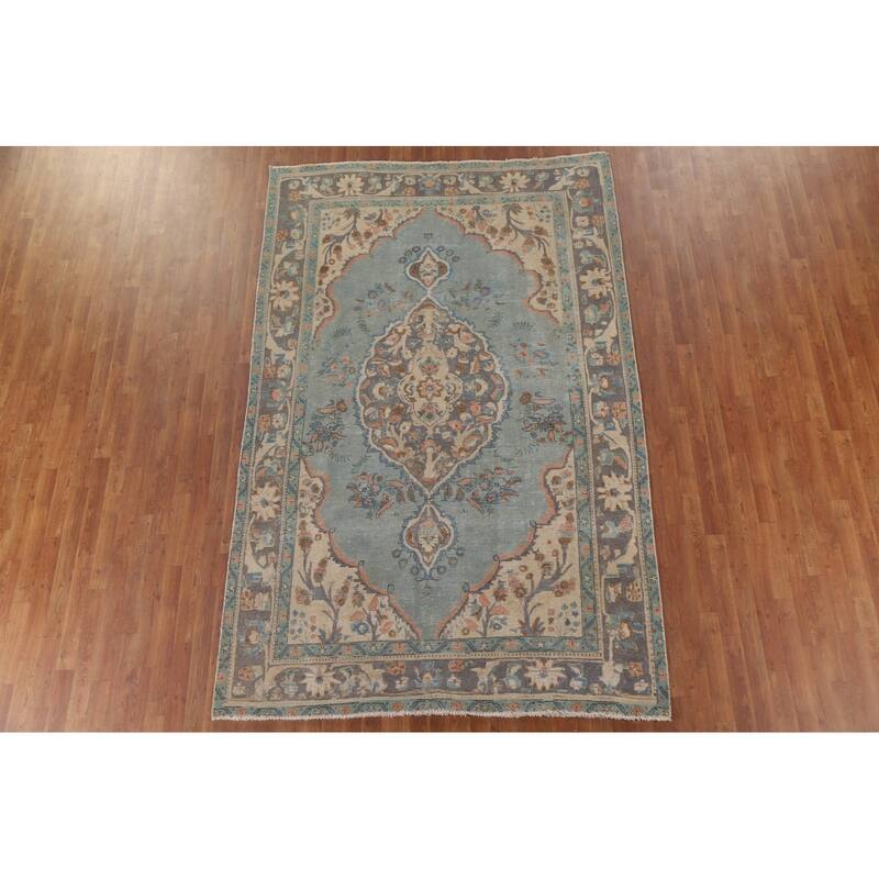 Vintage Over-Dyed Distressed Tabriz Persian Rug Handmade Wool Carpet - 6'4" x 9'9"