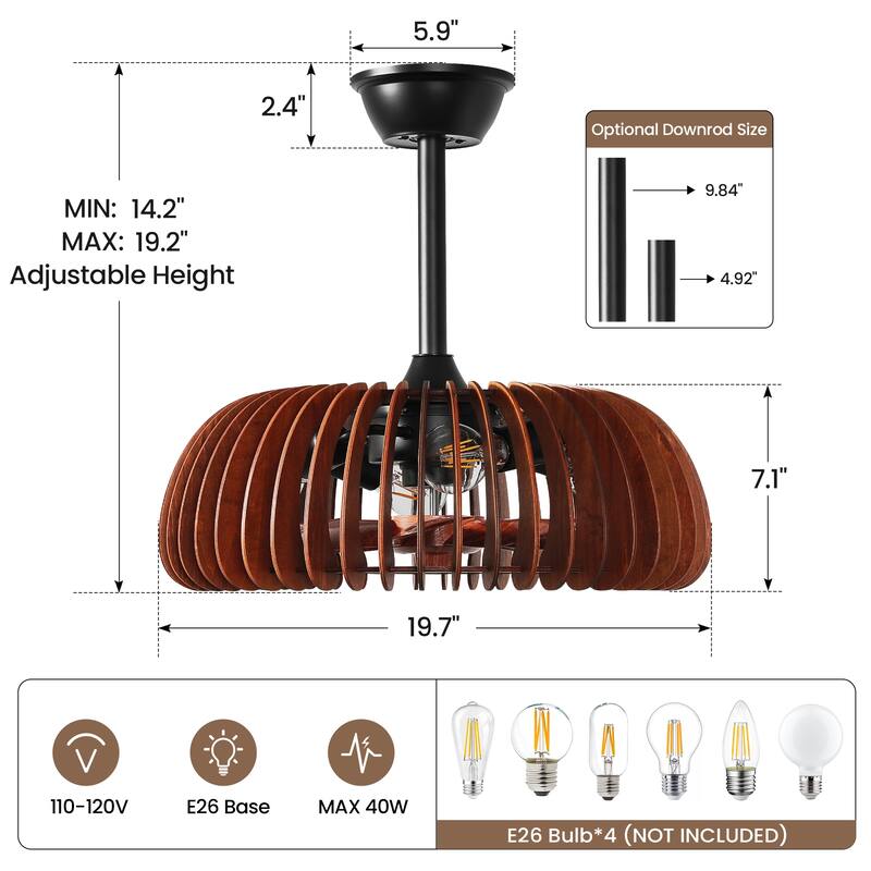 20" Ceiling Fan with Lantern for Kitchen, Farmhouse, Bedroom Ceiling Lights (6 Speeds, 1/2/4 Hour Timer) - Walnut
