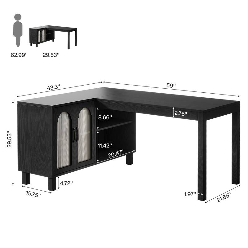 59-Inch L Shaped Desk with Storage Cabinet, Corner Executive Desk