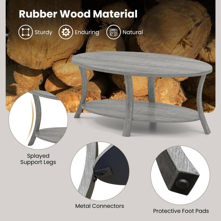 Grey Rubber Wood 2-Tier Coffee Table with Storage Shelf - 44” x 24” x 18.5”
