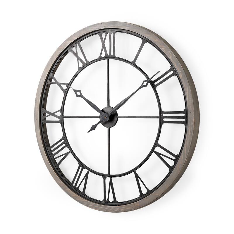 Mething Gray Wood and Black Metal 32" Round Wall Clock - 31.5"W x 2.4"D x 31.4"H - 31.5"W x 2.4"D x 31.4"H - Black