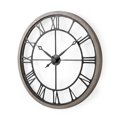 Mething Gray Wood and Black Metal 32" Round Wall Clock - 31.5"W x 2.4"D x 31.4"H
