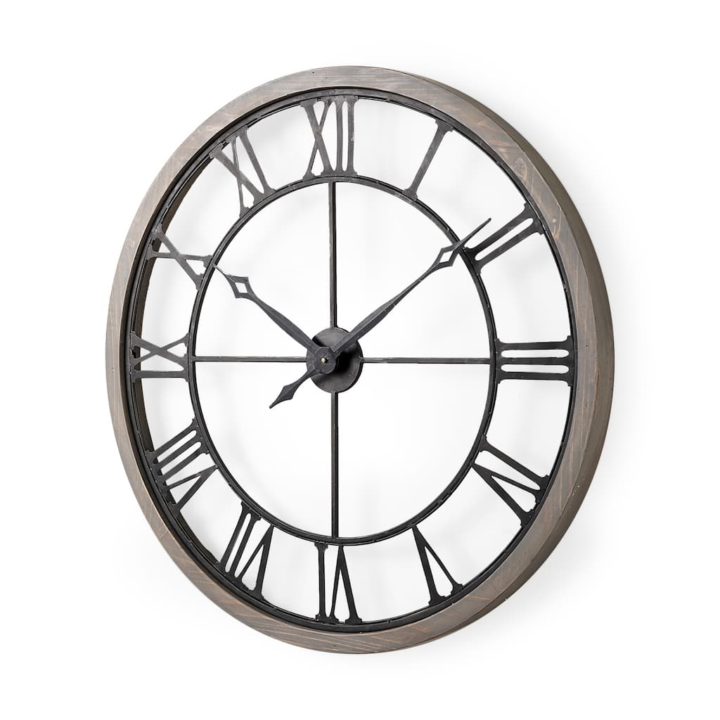 Mething Gray Wood and Black Metal 32" Round Wall Clock - 31.5"W x 2.4"D x 31.4"H