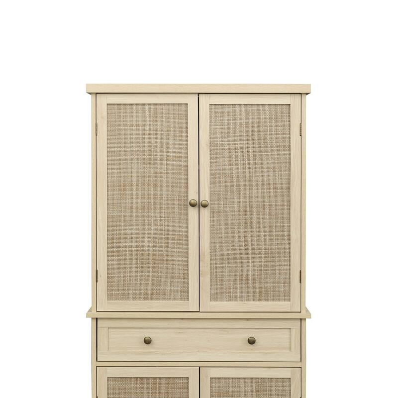 Pantry Cabinet with 4 Rattan Doors & 1 Drawer, Buffet Cabinet with Adjustable Shelves, Freestanding Wooden Storage Cabinet