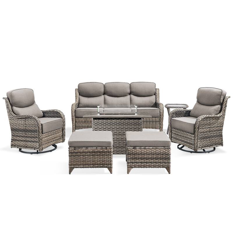 Pocassy 7 Pieces Outdoor 6 Inch Sofa Swivel Chair Ottoman with Fire Table