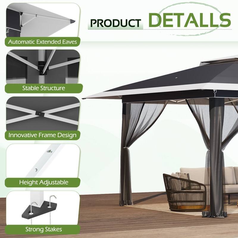 13x13 FT Pop Up Canopy Tent with Netting, UPF 50+ Outdoor Canopy with Automatic Eaves & One-Push Lock, for Patio & Parties