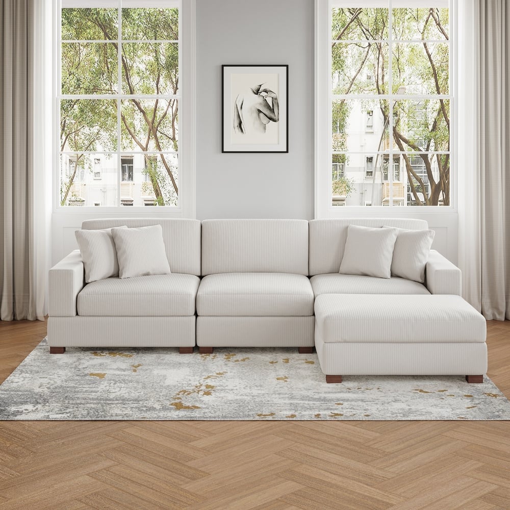 Ella 82" W/ 118" W Corduroy Modular Sectional Sofa with Ottoman