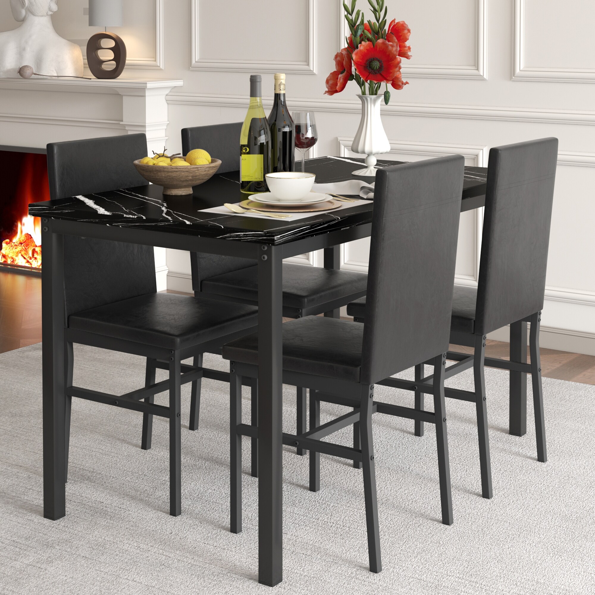 5 Pieces Dining Table Set with Rectangular Breakfast Nook Marble Dining Table and Faux Leather Upholstery Chairs for Living Room Bed Bath Beyond 38909969
