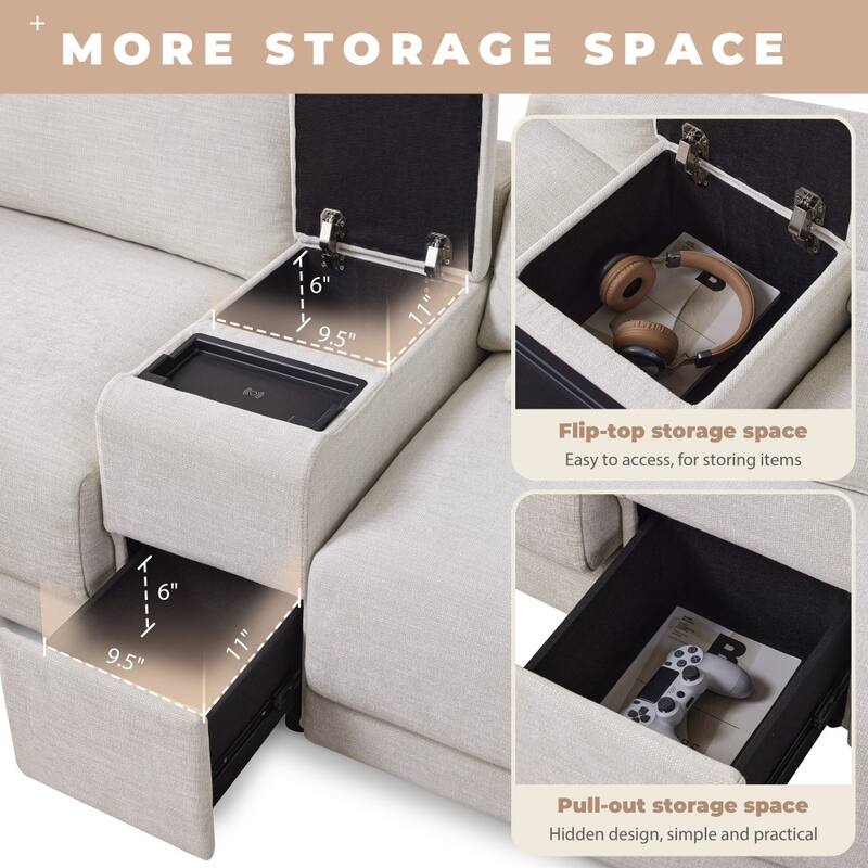 124'' Modular Chenille Sectional Sofa with Storage Console and Movable Ottoman, USB Charger for Living Room